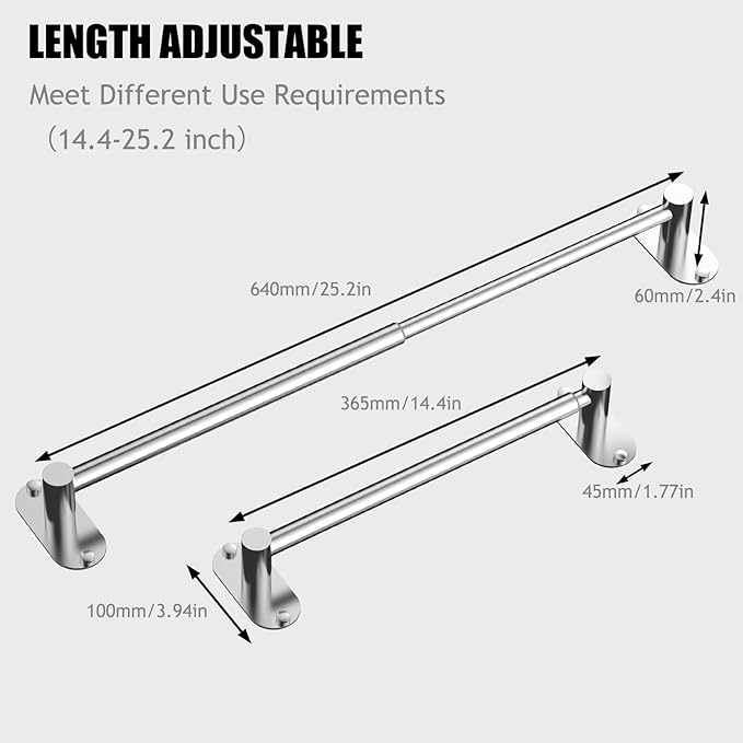 Towel Bar, Adjustable 14.4inch - 25.2inch Towel Rack, Self Adhesive & Wall Mounted for Bathroom Kitchen Hand Towel Holder Cloths Hanger SUS 304 Stainless Steel Organizer Single Bar (2, Chrome)