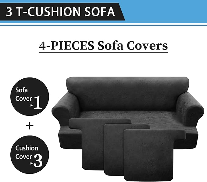 4-Piece T Couch Cover - Leather Look Slipcovers for 3 Cushion Sofa, Dark Grey