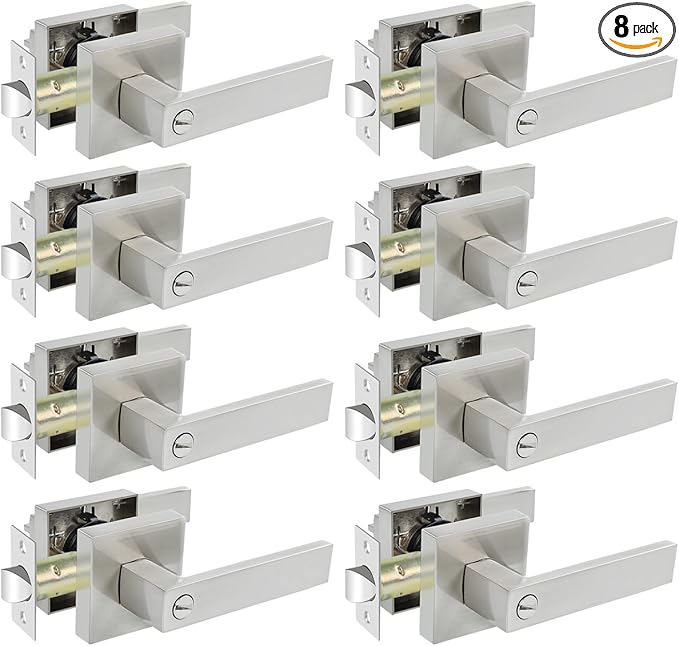 KAMOTA Privacy Door Levers, 8 Pack Satin Nickel Door Handles Bed and Bath Door Locks Interior Keyless Locksets, Left and Right Hand Reversible