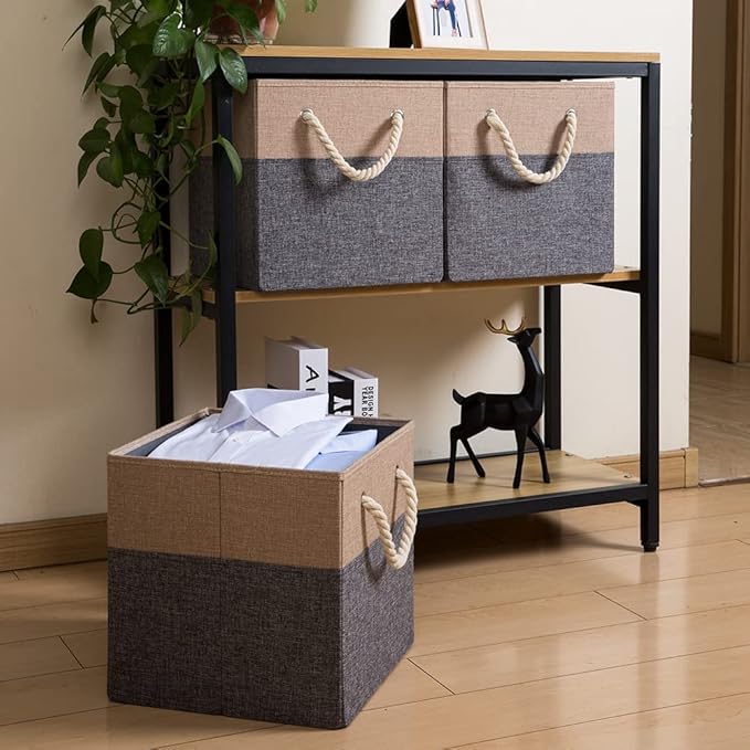 PRANDOM Large Foldable Cube Storage Bins 11x11 inch [4-Pack] Fabric Linen Storage Baskets Cubes Drawer with Cotton Handles Organizer for Shelves Nursery Closet Bedroom Khaki