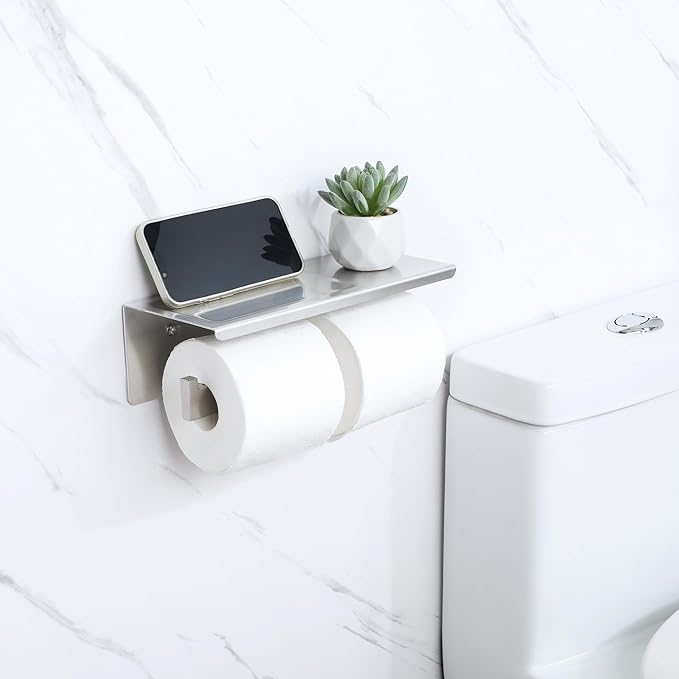 Alise Double Toilet Paper Holder,Bathroom Tissue Holder with Shelf,SUS304 Stainless Steel Toilet Paper Roll Holder Storage Dispenser,Self Adhesive or Wall Mount Drilling Paper Rack,Brushed Nickel