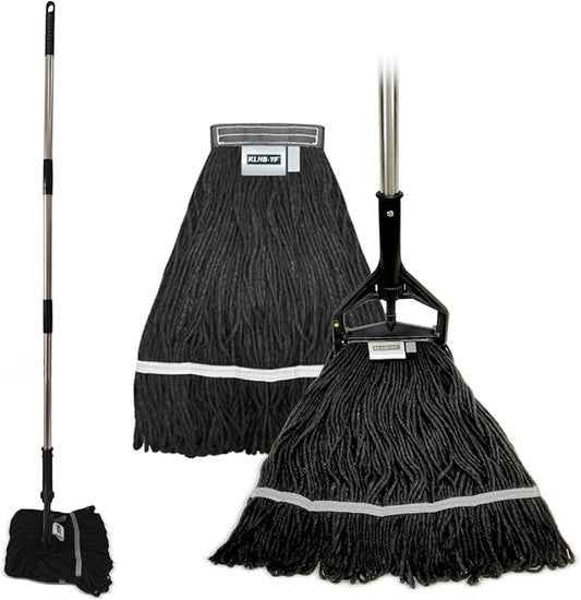 Commercial Cotton Mop Heavy-Duty Industrial with 2 Replacement Heads 152 cm Handle Replacement mop Head (Black)