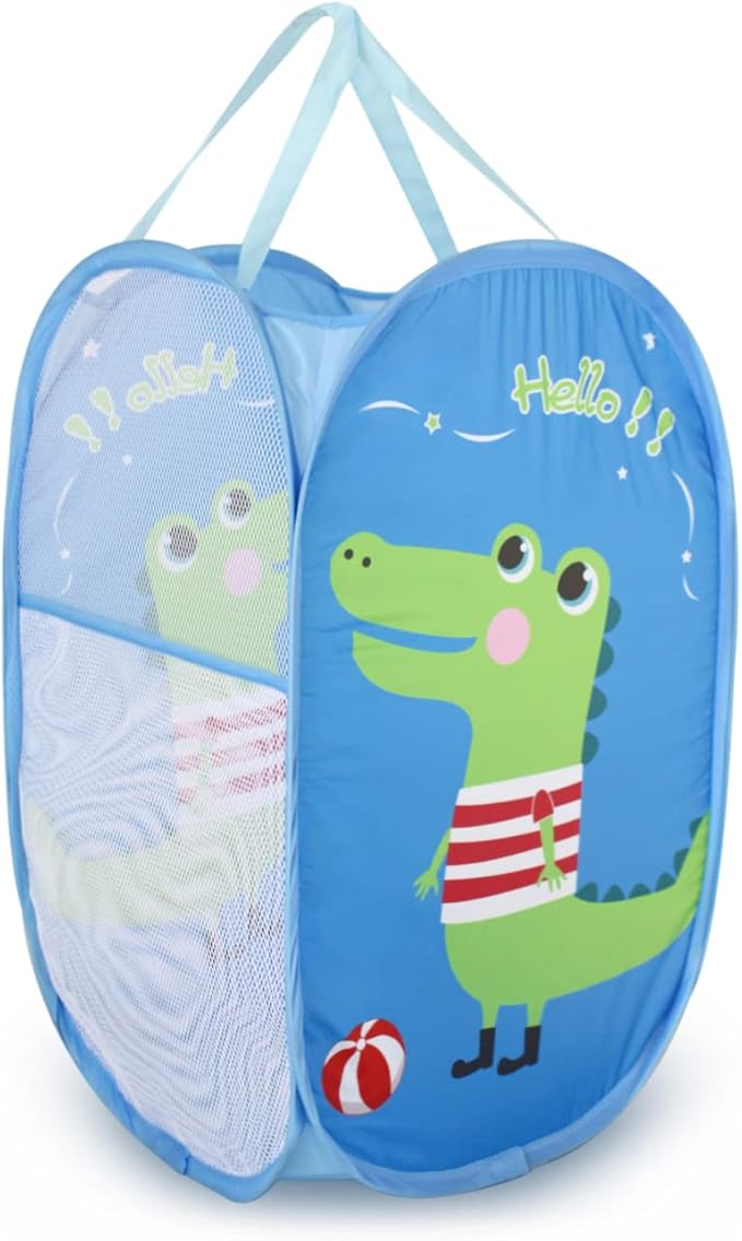 Cute Foldable Laundry Toys Tidy Clothes Socks Basket Storage Bag (Blue Dinosaur)