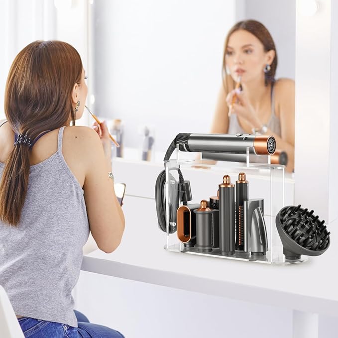 7-Hole Storage Holder for Dyson Airwrap – Upgraded Acrylic Stand Organizer for Long Barrels & Diffuser Nozzles, Countertop Holder for Airwrap Styler Accessories for Bathroom Vanity Makeup Table