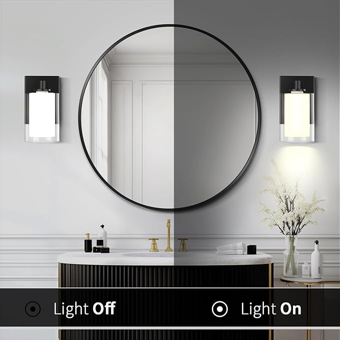 Kalium Wall Sconces Set of Two, Modern Vanity Lights with Double Clear Glass Shade Matte Black Indoor Farmhouse Wall Lights for Bathroom Living Room Bedroom Hallway Bulb E26 Base (Bulbs Not Included)
