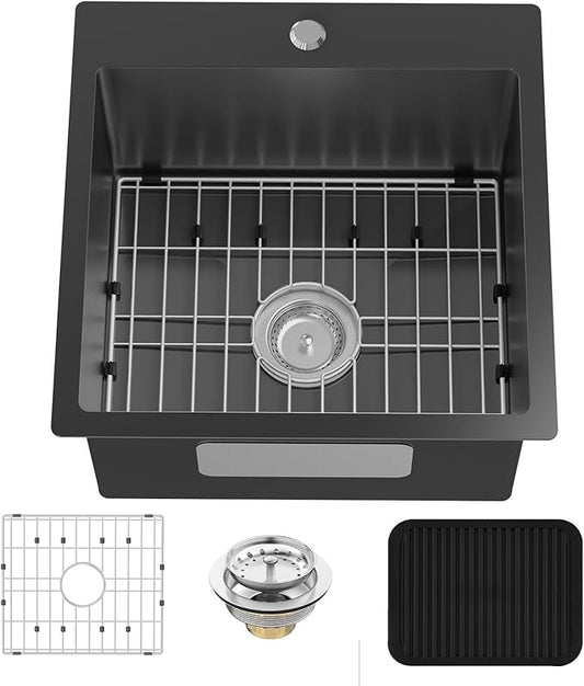 Black Kitchen And Bar Sink, 18x18 Inch Stainless Steel Drop In Modern Single Bowl Small Kitchen And Bar Sink Combo-SS Grid,Silicon Mat,Drain Strainer Set Compatibility With Modern&Classic Style