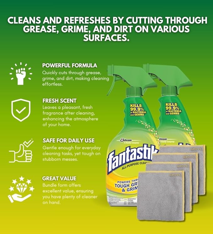Fantastik Lemon Scent Multi-Purpose Cleaner Spray 32 oz Bundle with Microfiber Cloth - Multi-Surface Cleaner - Removes Grease & Grime - Leaves a Fresh, Clean Finish - (6 Items)