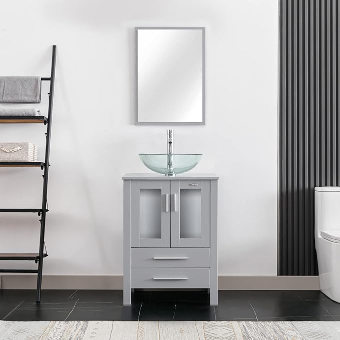 eclife 24" Modern Bathroom Vanity Sink Combo Freestanding Cabinet with Soft Closing Door, Clear Round Glass Vessel Sink, Water Save Faucet, Drain (Gray+A16)