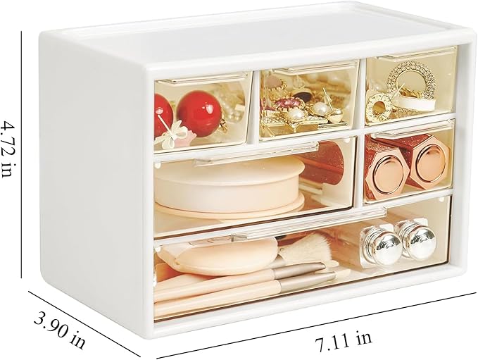 6 Pcs Small Drawer Organizer for Desk, Mini Desktop Drawer Organizer with 6 Clear Drawers, Plastic Desktop Craft Storage Box for Desk Office School Home 7.1" x 3. 8" x 4.6" (White)