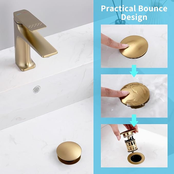 Bathroom Sink Pop Up Drain with Overflow, Vessel Sink Drain with Detachable Filter Basket, Anti-Corrosion and Anti-Clogging Sink Pop Up Drain Stopper (Brushed Gold, with Overflow)