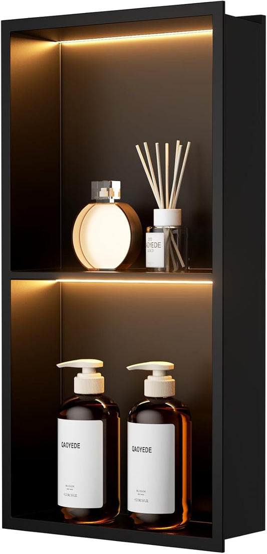 QAOYEDE 24"x12" Stainless Steel Shower Niche 2-Tier Shelf, Matte Black with Waterproof LED Light, No Tile Needed Recessed Wall Organizer for Bathroom