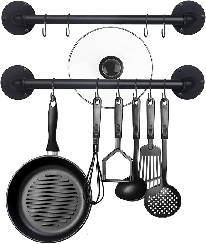 Aduanbang 21'' Wall Mounted Pot & Pan Rack (Set of 2) – Industrial Iron Pipe Kitchen Hanging Rail with 10 S Hooks for Utensils, Pots, and Pans Organization