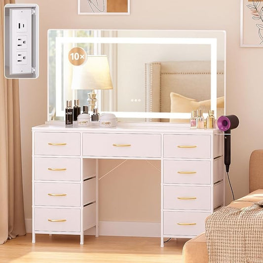 COMHOMA Vanity Desk with Large Mirror,LED and Power Outlet,Makeup Table with 9 Storage Drawersand HD Mirrors,3 Color Modes Adjustable Lighting for Bedroom Dressing Room (White, 47inch)