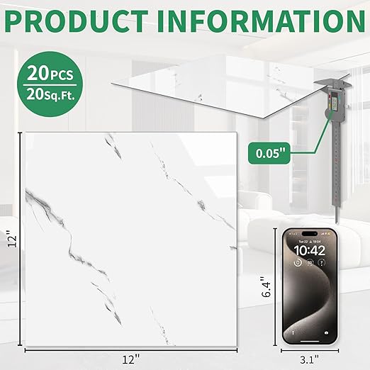 20-Pack Peel and Stick Floor Tiles Vinyl Floor 12 x 12 inch Self Adhesive Waterproof Glossy Flooring Planks DIY for Bathroom, Kitchen, Living Room, RV, Cover 20 Sq. Ft, Polish White Marble