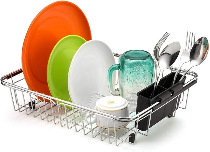 SANNO Expandable Pull Out Drawer Organizer and Storage, Sliding Shelf Under Sink Shelf Expandable Dish Drying Rack in Sink