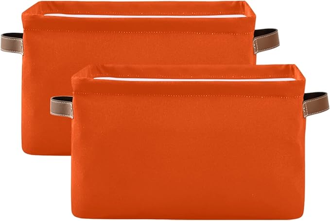 Storage Basket Plain Orange Solid Color Storage Bin Cube with Handles Foldable Storage Baskets for Shelves Living Room Home Decor 2PCS