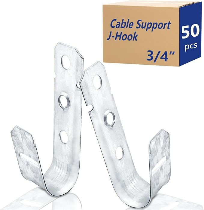 SIHAI (50 Packs 3/4” Inch J-Hooks, UL Certified Heavy-Duty Cable Support Hooks for Hanging CAT6/6A, Fiber Cable Management and Low Voltage Wiring