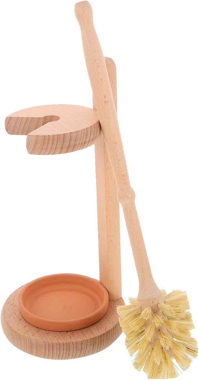 Wakauto Toilet Bowl Brush and Holder Set with Ceramic Beech Wood Base, Sisal Fiber Scrub Brush for Bathroom Cleaning, Sturdy Household Toilet Scrubber for Home and Dorm Use