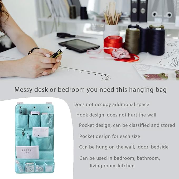 HSLFUAI Hanging Organizer with Pockets – Wall & Door Storage Bag with 3 Sticky Hooks – Hanging Storage Organizer for Bathroom, Bedroom, Closet, Dorm, Washing Table (3Layer, Blue)