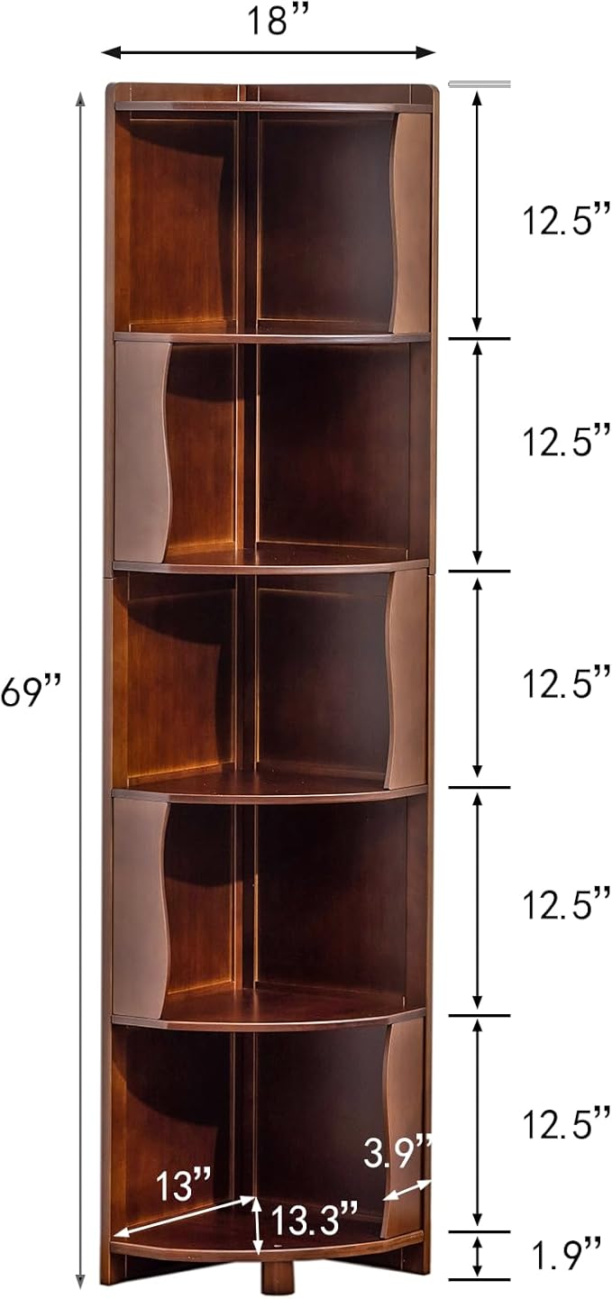 5-Tier Bamboo Corner Shelf Freestanding Fan-Shaped Storage Rack, Space-Saving Corner Cabinet for Living Room or Bedroom, Easy to Assemble, Walnut