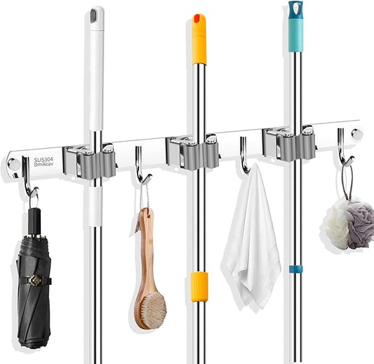 Mop and Broom Holder Wall Mounted, 3 Racks and 4 Hooks Broom, Upgraded Stainless Steel Broom Holder Self Adhesive, Broom Organizer, Tools Organizer for Home Kitchen bathroom Garden balcony