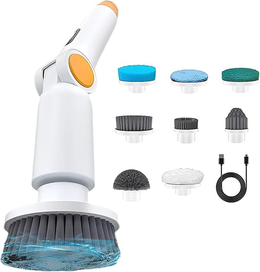 Cordless Electric Spin Scrubber 9-in-1, with Adjustable Arm, 1500Rpm, Digital Display, Ipx7 Waterproof, White and Orange Bathroom Kitchen Cleaning Brush