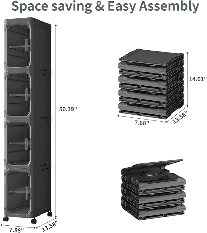KHNR 4-Tiers Slim Bathroom Storage Cabinet, Foldable Storage Cabinets,Narrow Bathroom Storage,Movable Bathroom Storage Organizer for Small Spaces,Bathroom,Kitchen,Laundry,Black