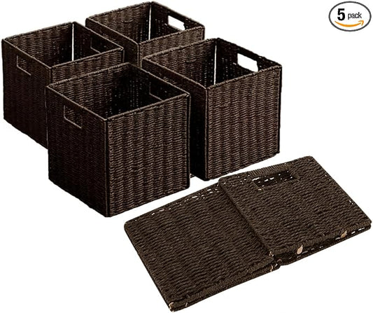 10.5x10.5'' Set of 5 Cube Storage Baskets, Natural Paper Rope Multipurpose Collapsible Organizers, Woven Laundry Totes for Laundry, Storage Cubes,Wicker Baskets Laundry Organizer Totes for Home
