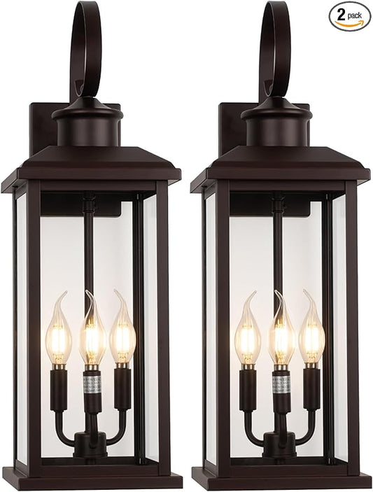 3-Light Large Outdoor Wall Light 2-Pack, 24" Bronze Modern Extra Exterior Lighting Fixture, Waterproof Porch Sconce Wall Mount, Outside Lamp for Front Door Farmhouse