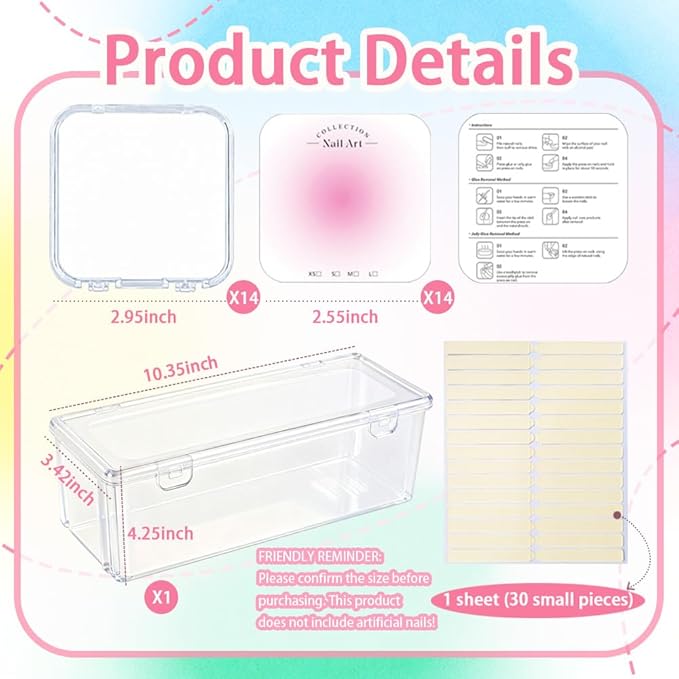 15PCS press-on nail storage set includes 1 Clear Organizer, 14 Nail Display Case Fake Nail Instructions and Double Sided Adhesive Artificial False Nail Box Acrylic Organizer Nail Case