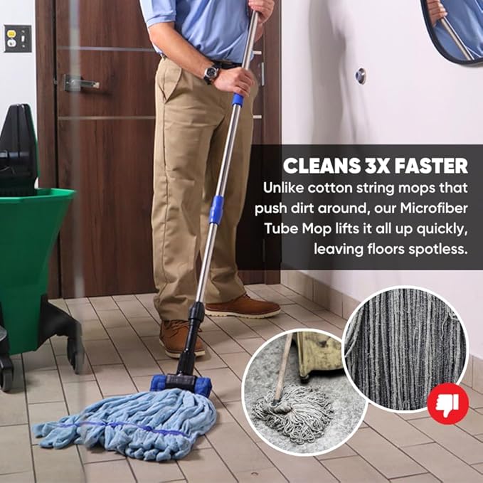 Commercial Mop Head Replacement - 2 Pack Large Green Microfiber Tube Mop | Industrial Wet Mops | Washable Refill, Reusable, Heavy Duty, Looped End Mopheads | Hardwood, Concrete