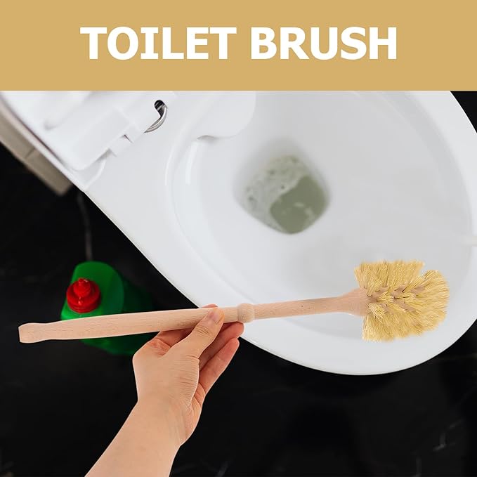 Veemoon Toilet Scrubber Brush and Holder Set with Ceramic Beechwood Base, Toilet Bowl Cleaner Brush for Bathroom Cleaning and Home Use, Sturdy Hygienic Cleaning Tool