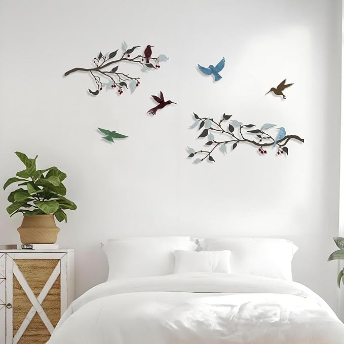Harikikochuu 4PCS Metal Birds Wall Decor, Birds on the Branch Silhouette Art, Metal Leaves with Bird Outdoor Hanging Wall Sculpture for Home Office Balcony Garden Decor.（Colorful,Hummingbirds）