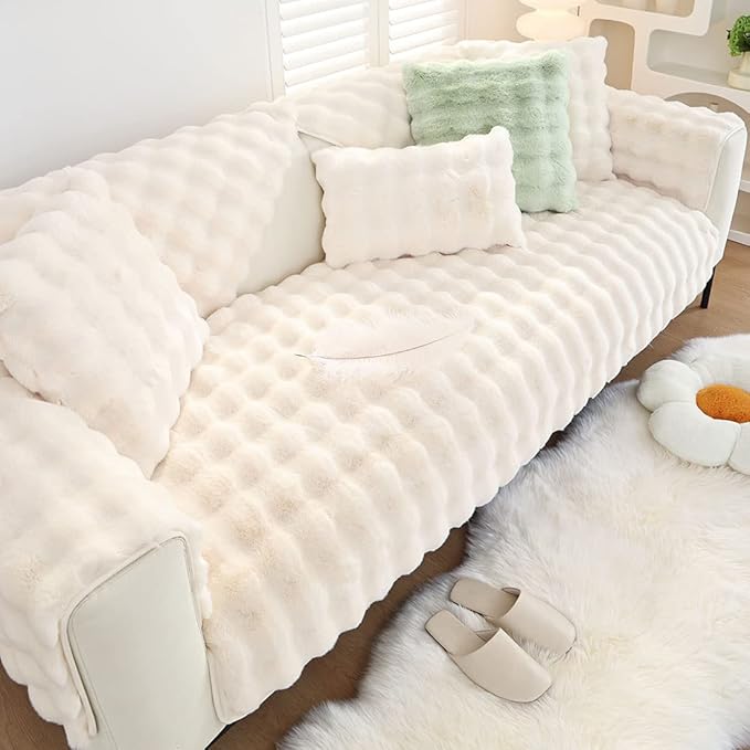 Soft Warm Faux Fur Couch Sofa Cover Thick Shaggy Fuzzy Sectional Couch Cover Non-Slip Solid Color Plush Sofa Slipcover Furniture Protector for Kids, Pets (Cream,28"x59")