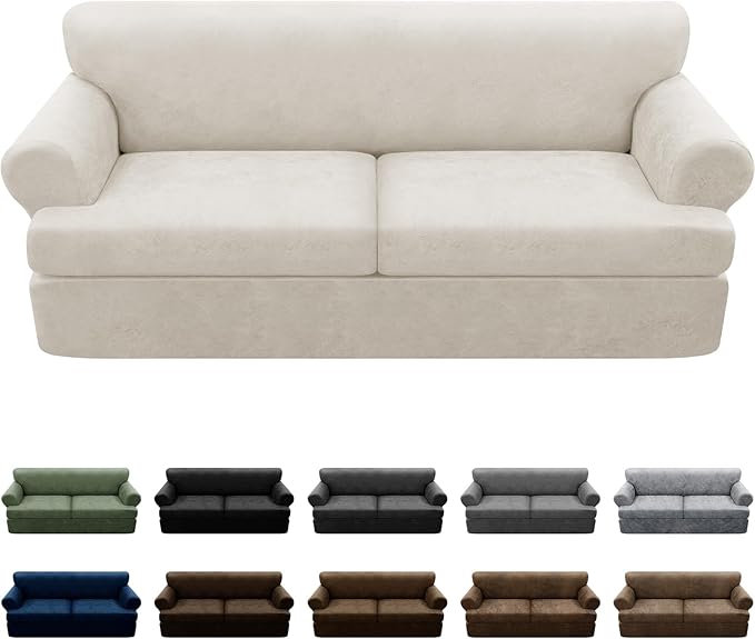 3-Pieces T Cushion Sofa Slipcovers Leather Look Couch Cover for 2 Cushion Couch Furniture Protector Stretch Sofa Cover with 2 Individual T Cushion Seat Covers Washable, Beige