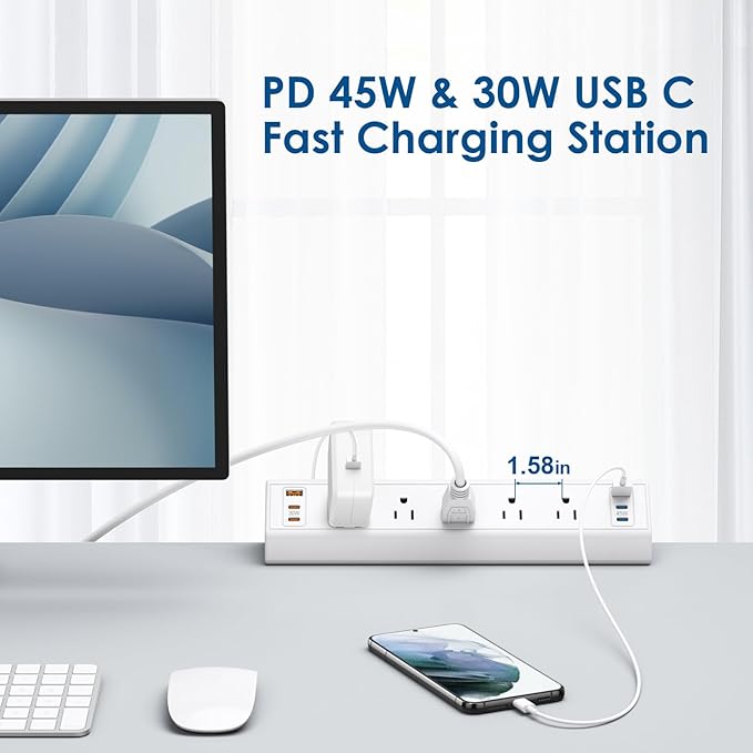 Desk Clamp Power Strip USB C,75W Total Fast Charging Station,45W and 30W USB-C Ports,Desk Edge Mount Power Strip 6-USB Ports,5 AC Outlets Tabletop Surge Protector,Fit 1.6" Tabletop Edge,White