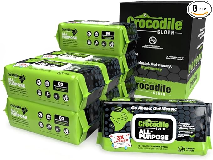 Crocodile Cloth All-Purpose Cleaning Wipes – 8 Pack/640 Total Count, 15"x10" Extra Large Plant-Based Disposable Cloths – Moist, Absorbent, Safe on Skin, Multi-Surface Use