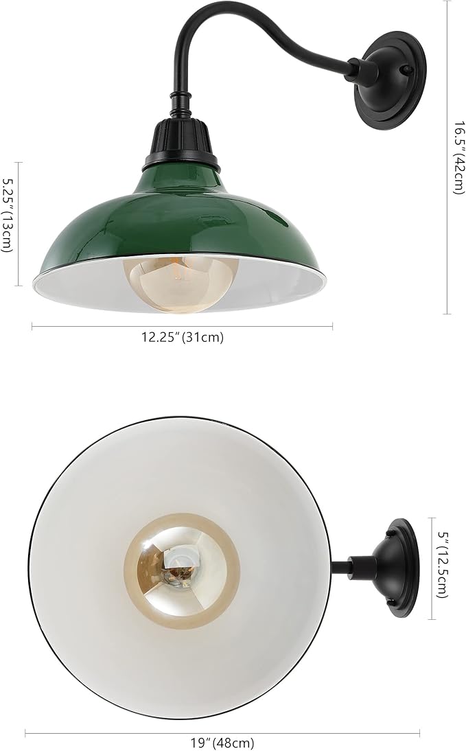 JONATHAN Y JYL7613F Aurora 12.25" 1-Light Farmhouse Industrial Indoor/Outdoor Iron LED Gooseneck Arm Outdoor Sconce Metal Bowl Shade Vintage Cottage Rustic Porch Patio Yard Barn, Green