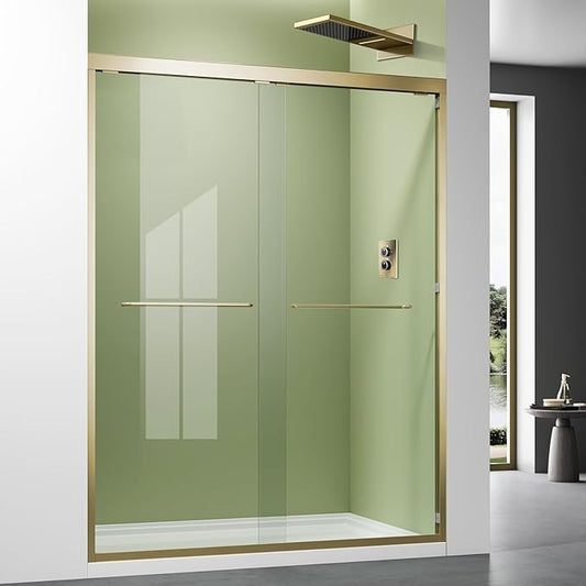 Brushed Gold Glass Shower Door,56-60 inch Wide x 72 inch Height Bathroom Sliding Door with Stainless Steel Double Handles,Reversible Easy Installation Walk in Doors with 1/4 inch Clear Tempered Glass