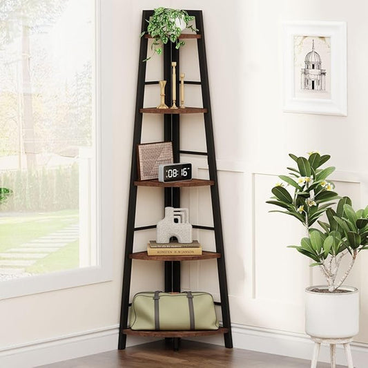 BON AUGURE Rustic Corner Ladder Shelf, 5-Tier Black Metal Wood Corner Bookshelf, Narrow Tall Bookcase Shelving Unit for Living Room, Home Office, Small Space (Rustic Oak)