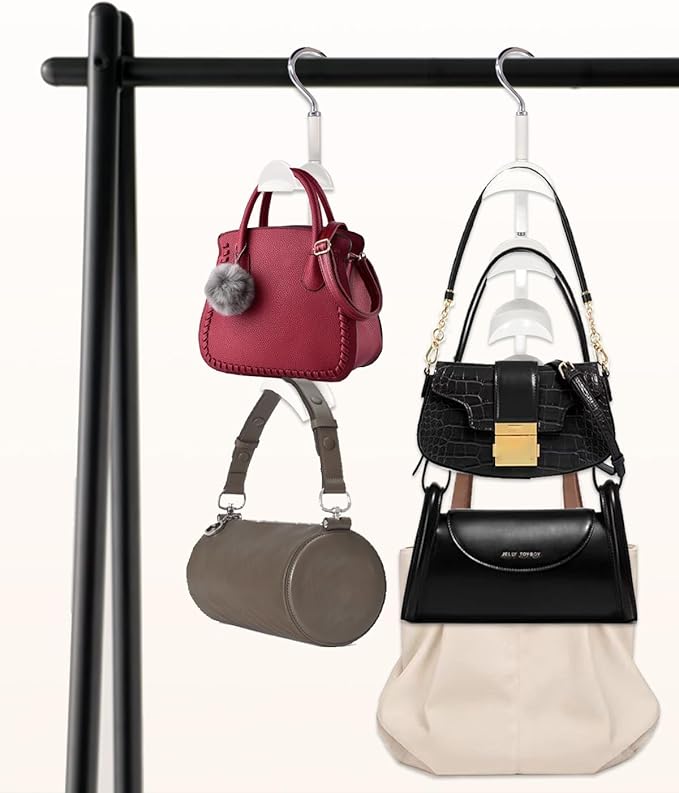 Purse Hanger for Closet, Rotating Purse Organizer for Closet White Purse Holder Purse Hooks for Organizer Storage Purses Tote Bag Handbags Scarf Belt
