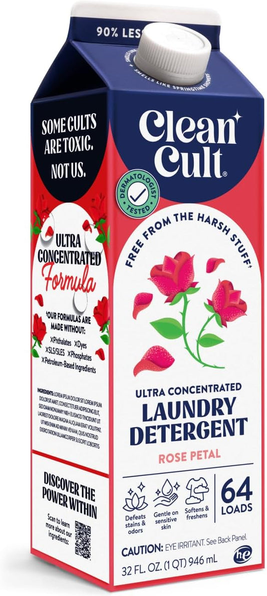 Cleancult Ultra Concentrated Liquid Laundry Detergent, 64 loads (32 oz), Long Lasting Scent, 90% Less Plastic, No Harsh Chemicals, Rose Petal, Defeats Stains & Odors, HE/Standard Compatible