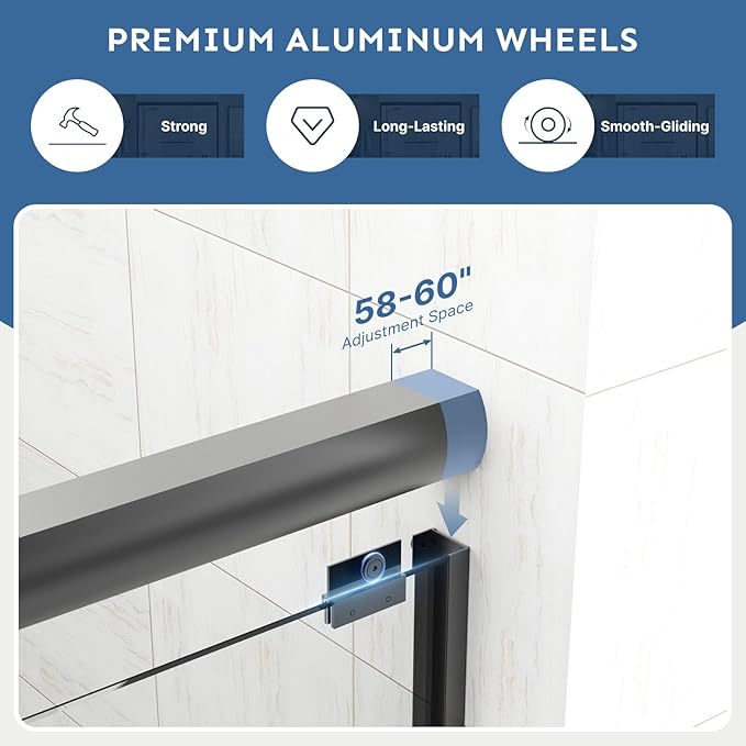 Bathtub Shower Door - 58-60" W×59" H Adjustable Aluminum Frame - 1/4 Tempered Glass - 4 Aluminum Rollers - Sliding Glass Door for Tub