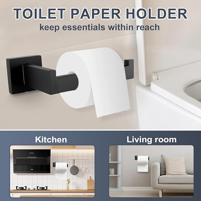 Matte Black Bathroom Hardware Accessories Set, 5 Pcs 304 Stainless Steel Bathroom Towel Holder Bar Set, Towel Rack and Toilet Paper Holder for Bathroom Wall Mounted