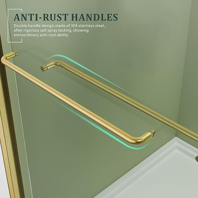 Brushed Gold Glass Shower Door,45~48" W x 72" H Semi-Frameless Glass Door,1/4'' SGCC Tempered Clear Glass Door with Stainless Steel Handles,Reversible Easy Installation Sliding Doors for Bathroom