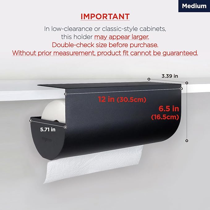 Paper Towel Holder - Under Cabinet, No-Drill Self-Adhesive Hanging Rack, Easy Tear, Space-Saving Sleek Metal Kitchen Roll Dispenser, Wall-Mount Look, Kitchen Storage & Organization - Black
