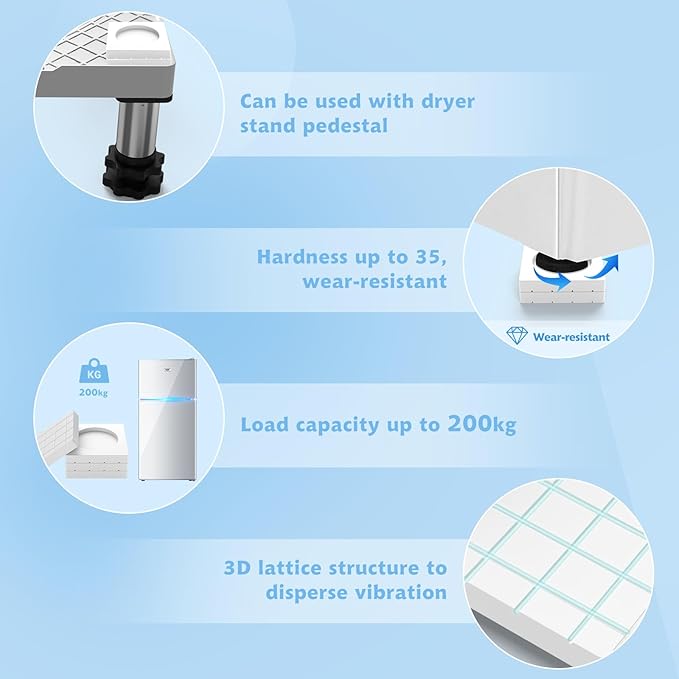 SEISSO Anti Vibration Pads for Washing Machine, Anti Slip and Noise Cancelling Washer Anti Vibration Pads, Rubber Washing Machine Stabilizer Hard Wearing Washing Machine Vibration Foot Pads, White