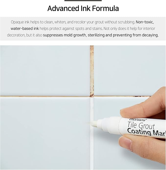 MONAMI Tile Grout Coating Marker 401, Chisel Tip (1.5~4mm), Repair Marker with Replaceable Nib Tips to Restore Grout Lines, White, 1 Marker + 2 Extra Tips