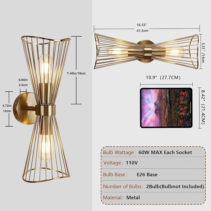 Brass Wall Sconces,Mid Century Wall Sconce Large 2 Light Vanity Light Hardwired Vintage Sconces Wall Lighting Fixtures for Bedroom Living Room Bathroom Hallway E26