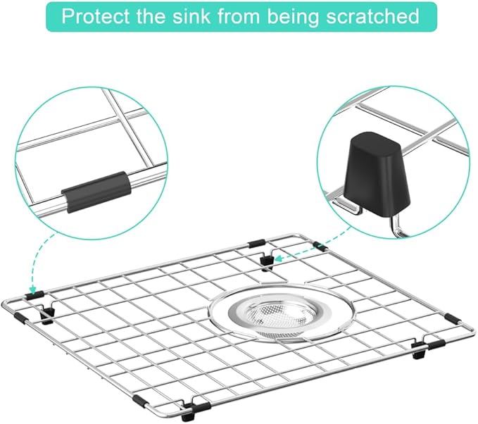 SANNO Sink Protector for Kitchen Sink, Grid Sink Protector Kitchen Sink Rack for Bottom of Sink,Rear Drain for Single Bowl13 L X 15" W, Stainless Steel,2pcs